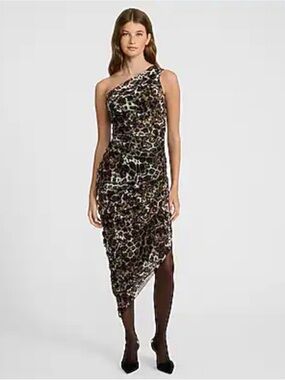 Express One-Shoulder Leopard-Print Midi Dress in Brown and Black